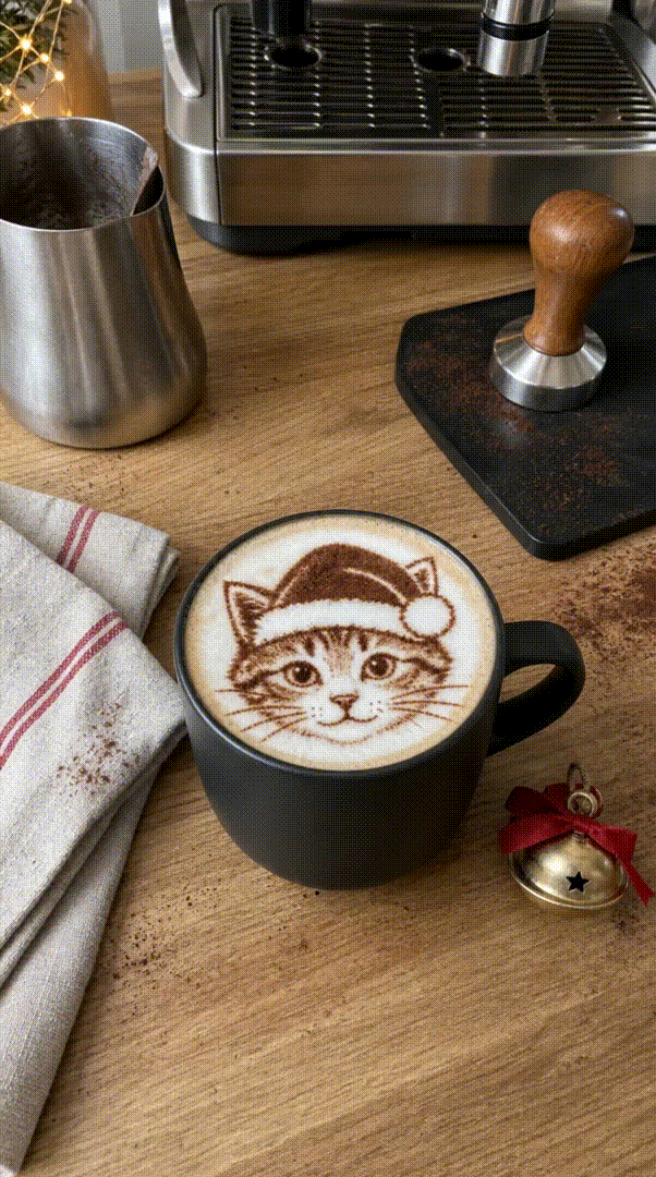 Coffee foam art featuring a festive kitten