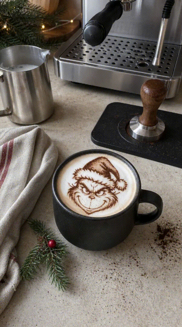 Coffee foam art featuring a festive grinch