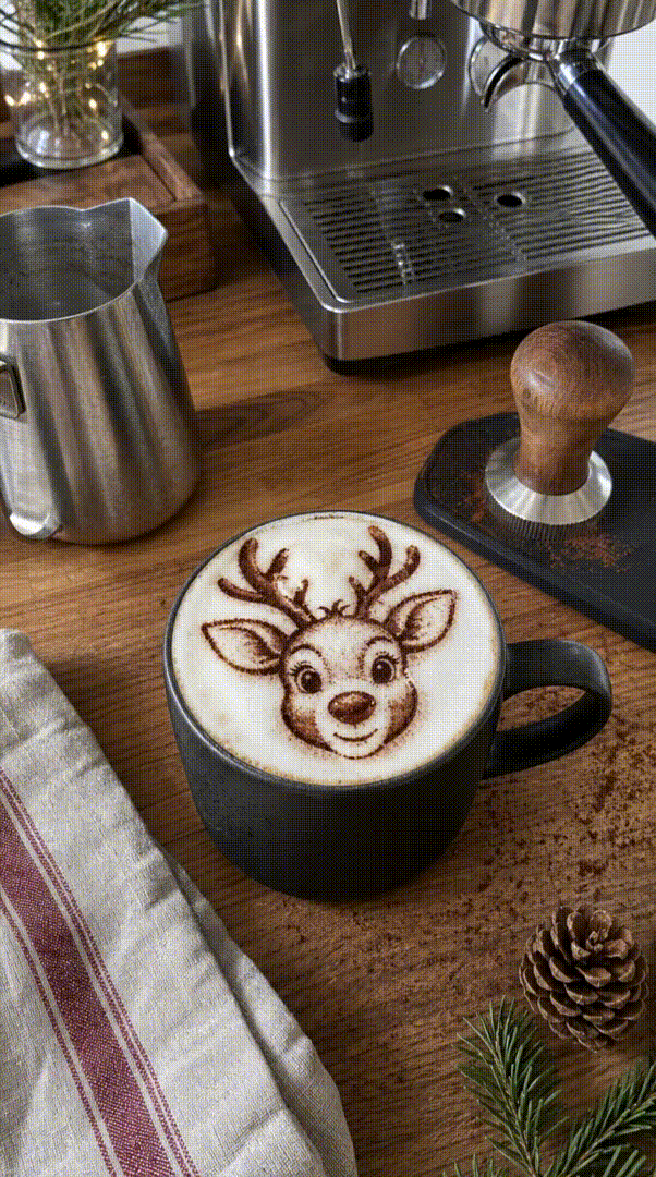 Coffee foam art featuring a festive reindeer