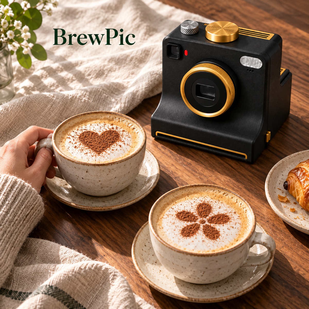 Coffee art camera beside a cappuccino