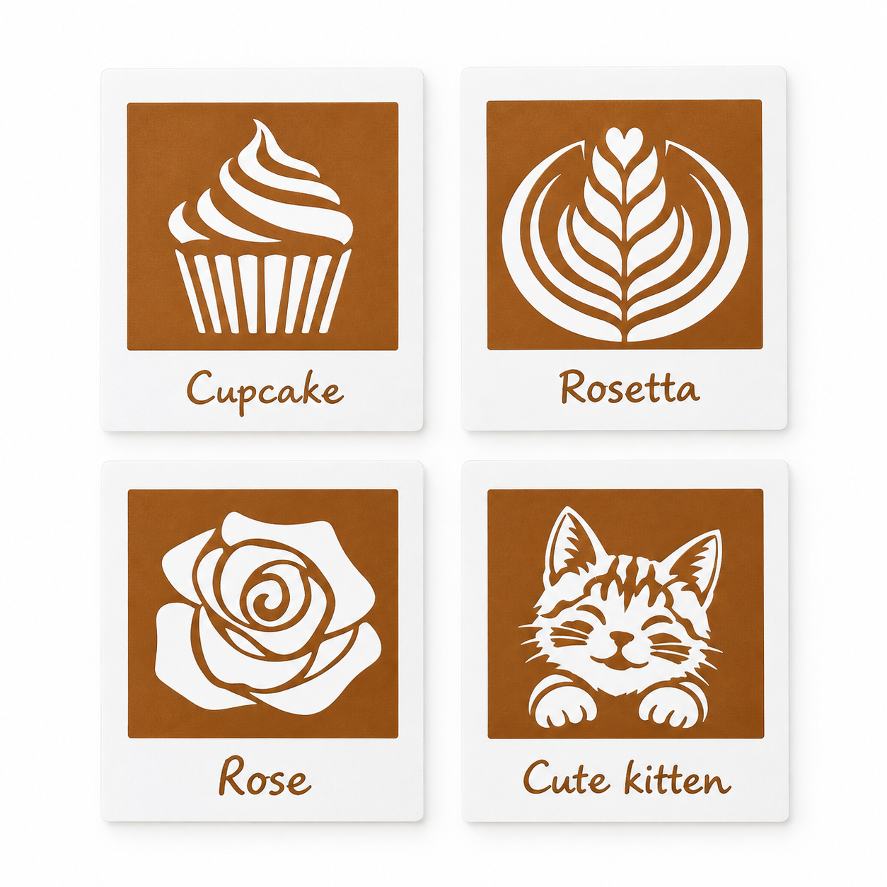 BrewPic four included coffee stencil designs: Cupcake, Rosetta, Rose and Cute Kitten
