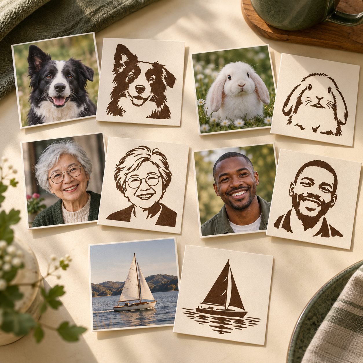 Original examples of a border collie, rabbit, two portraits and sailboat adapted into stencil designs